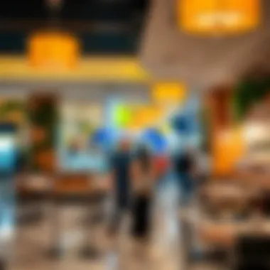 A vibrant food court area bustling with diverse dining options