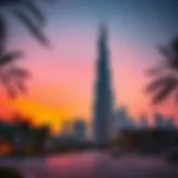 Burj Khalifa Glowing at Dusk Stunning view of the Burj Khalifa against the backdrop of a vibrant sunset.