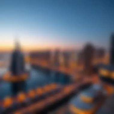 Dubai Marina at Twilight A panoramic view of Dubai Marina illuminated by the sunset hues.