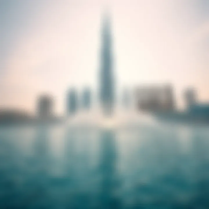 Fountains Framed by the Iconic Dubai Skyline Wide-angle shot showcasing the fountains against the Dubai skyline