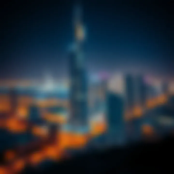 Night view of Champion Tower illuminated against the Dubai skyline