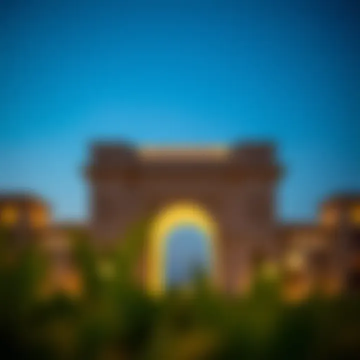 Evening illumination of a prominent city gate structure