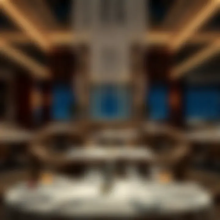 An elegant interior setup of a fine dining restaurant, featuring sophisticated table arrangements and ambient lighting.
