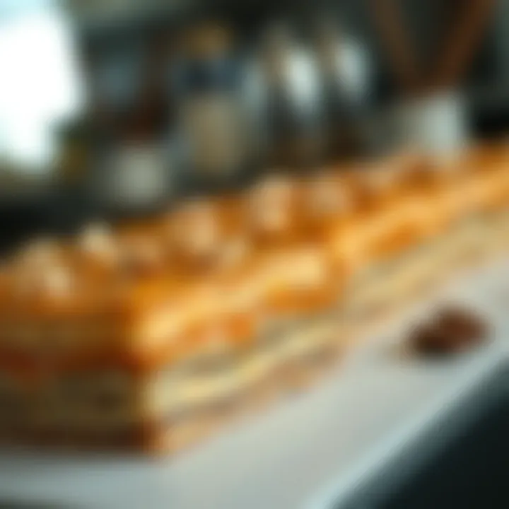 A close-up of decadent Baklava, showcasing layers of pastry and nuts with a drizzle of syrup.