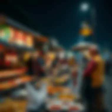 A vibrant street scene with local food stalls offering diverse international cuisines
