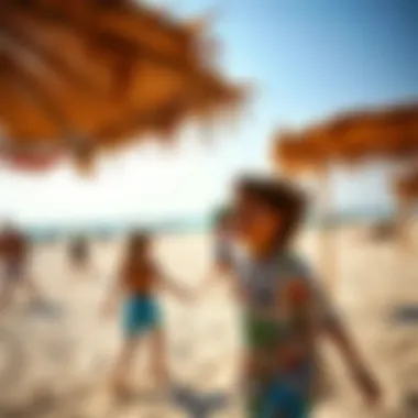 Vibrant leisure activities at Deira Dubai Island Beach, depicting families enjoying the sun