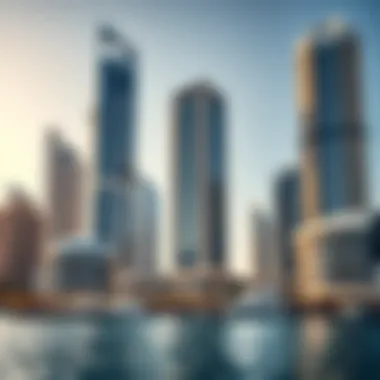 Architectural details of modern skyscrapers surrounding Dubai Marina, highlighting innovative design.