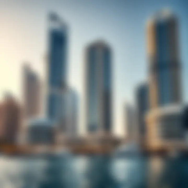 Architectural details of modern skyscrapers surrounding Dubai Marina, highlighting innovative design.