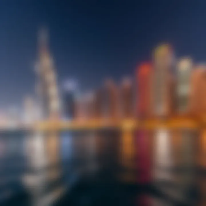 Stunning skyline view reflecting on water at night