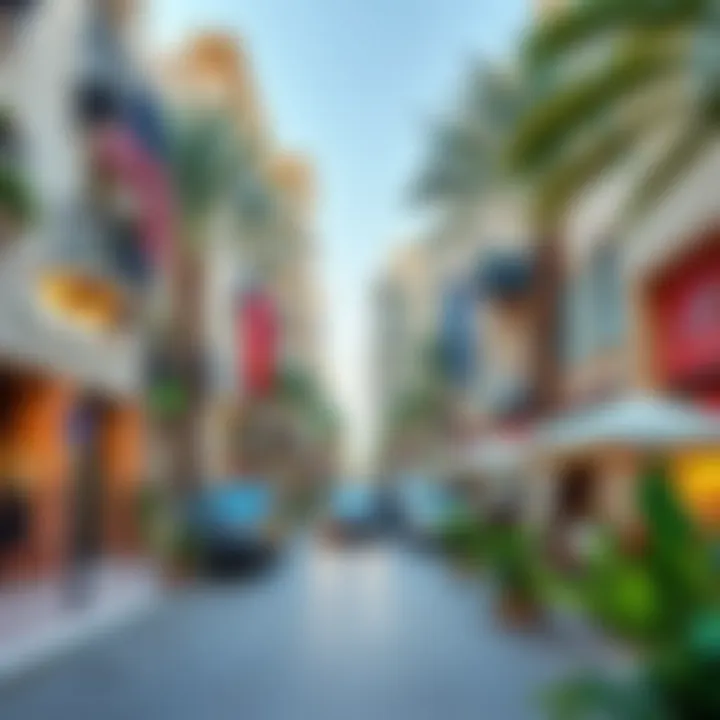 Vibrant neighborhood featuring local stores and cafes near Dubai Wharf