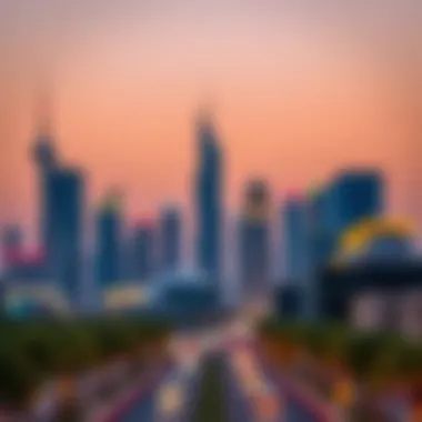 Modern architectural skyline of Festival City Dubai at dusk