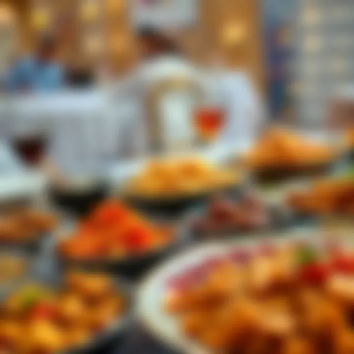 Close-up of a variety of Emirati dishes served during Iftar