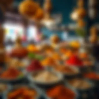 A vibrant array of Indian spices displayed in traditional containers