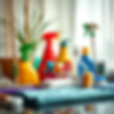 A variety of cleaning supplies arranged neatly