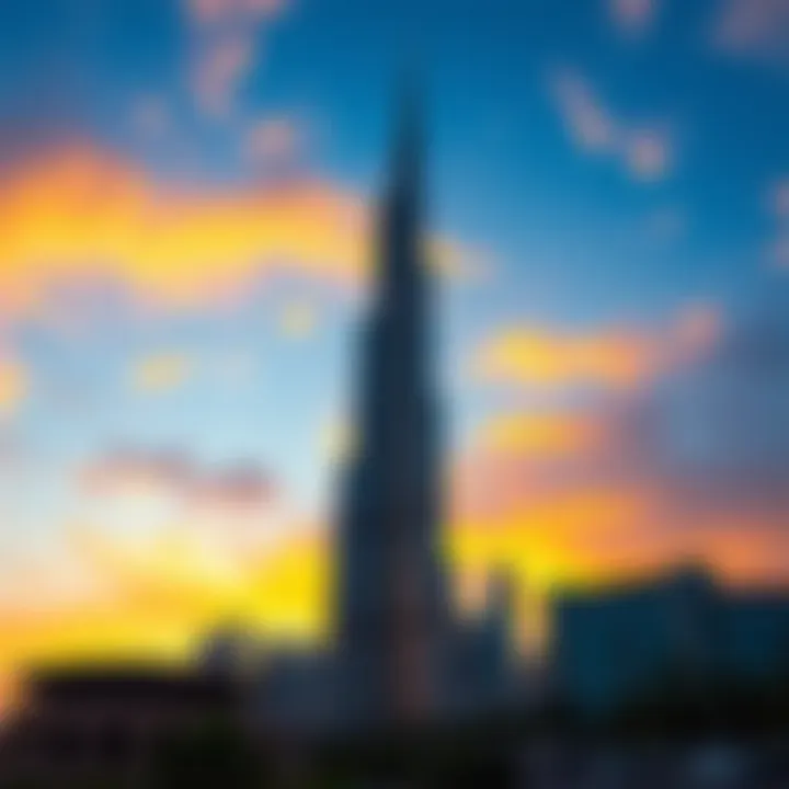 Burj Khalifa Against a Colorful Sky Stunning view of the Burj Khalifa with sunset
