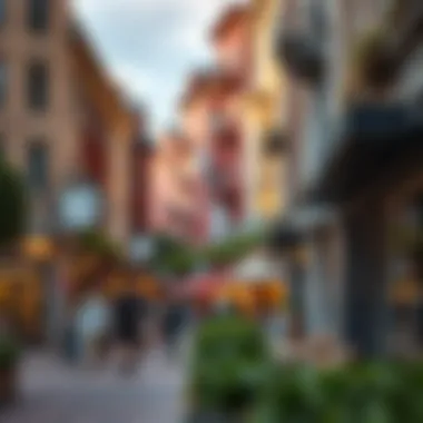 Vibrant streetscape of Orchard Place featuring shops and cafes