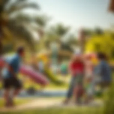 Families enjoying a sunny day in a Dubai park with recreational activities.