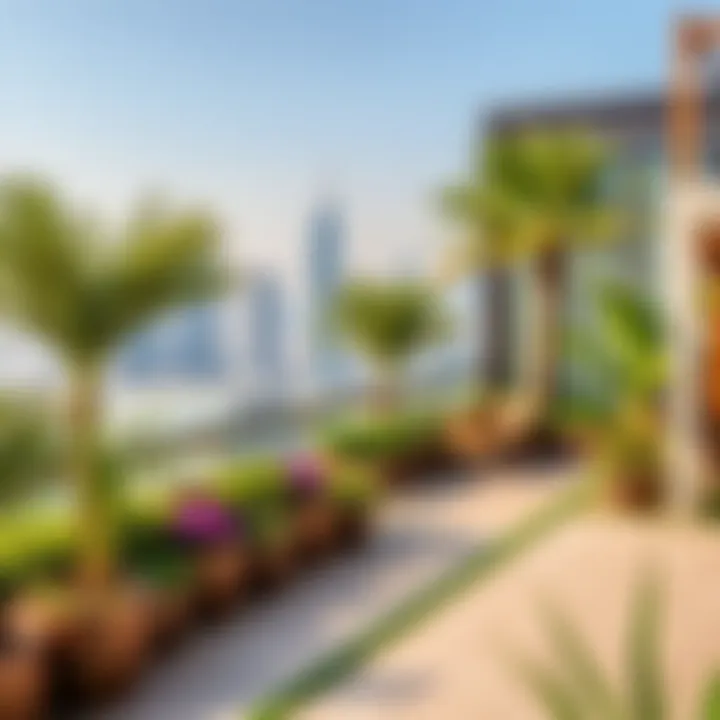 A rooftop garden in Dubai featuring unique landscaping and city views.
