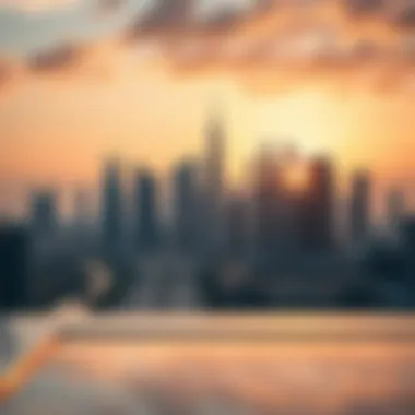 International City Skyline A stunning view of International City skyline at sunset