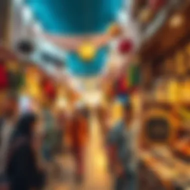 A bustling scene inside Souk Al Marfa filled with shoppers and vendors