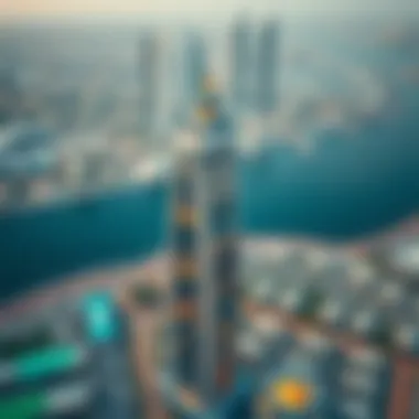 Aerial view of Tamani Arts Tower showcasing its unique design and positioning within Business Bay