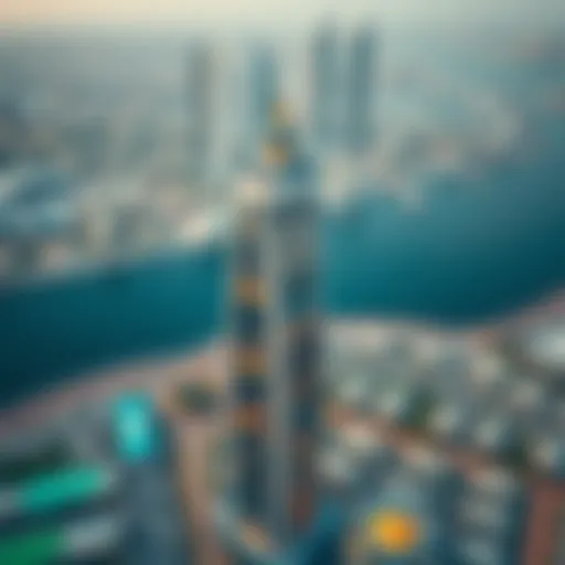 Aerial view of Tamani Arts Tower showcasing its unique design and positioning within Business Bay