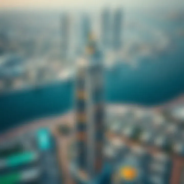 Aerial view of Tamani Arts Tower showcasing its unique design and positioning within Business Bay
