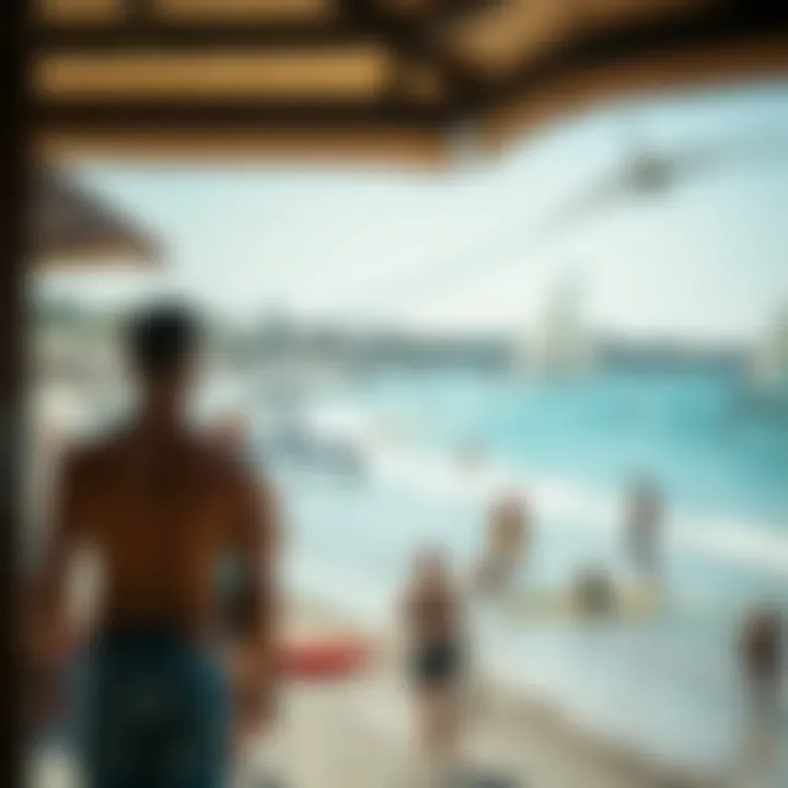 Thriving Beach Life and Water Activities Busy beach with people enjoying water sports