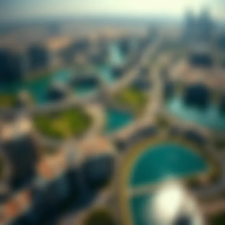 Aerial view of JLT with lakes and green spaces