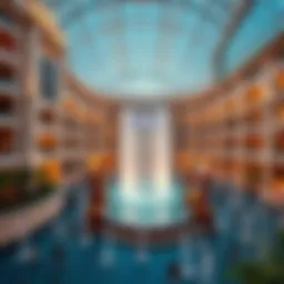 A panoramic view of the Fountain View showcasing its intricate design and water features