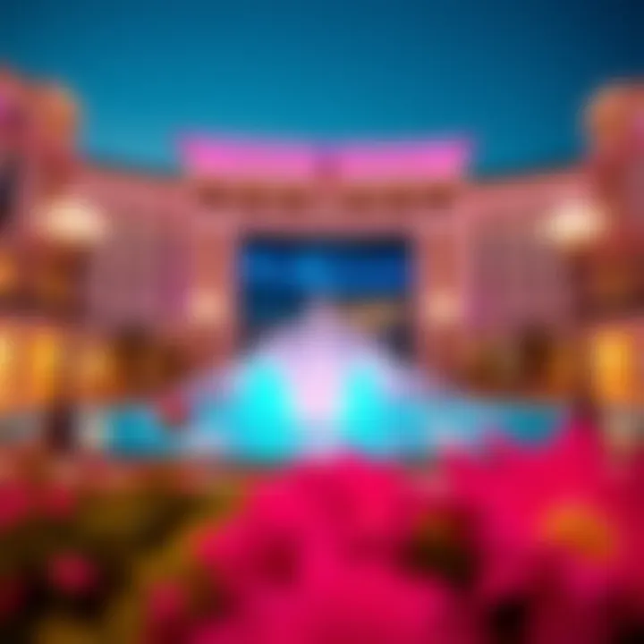 The Fountain View at night illuminated with colorful lights creating a magical ambiance