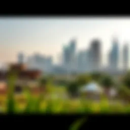 A panoramic view of Grassland Barsha showcasing its lush greenery against the Dubai skyline.