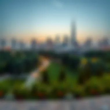Evening view of the park with city skyline in the background