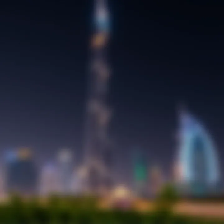 Night view of Icon Tower 1 illuminated against the sky
