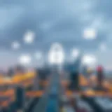 A skyline view of Dubai with job-related icons