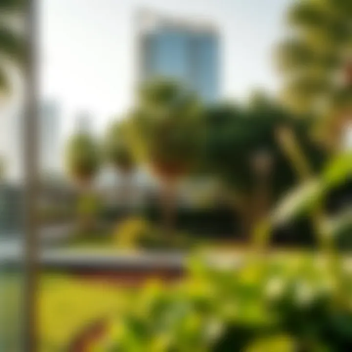 Urban Oasis: Green Spaces in Dubai Marina A serene park in Dubai Marina, highlighting green spaces amidst urban living.