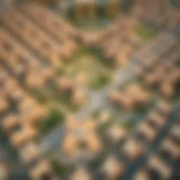 Aerial view of Mussafah 9 showcasing its residential layout and green spaces