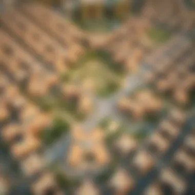 Aerial view of Mussafah 9 showcasing its residential layout and green spaces