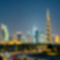 A beautiful evening skyline of the UAE during Ramadan with illuminated buildings.