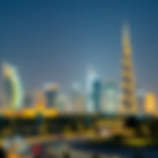 A beautiful evening skyline of the UAE during Ramadan with illuminated buildings.