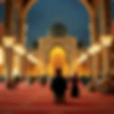 Serene Mosque Atmosphere during Ramadan A serene mosque setting with people engaged in prayer and reflection.