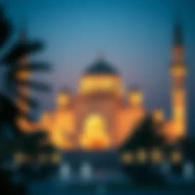 Dubai mosque illuminated at dawn