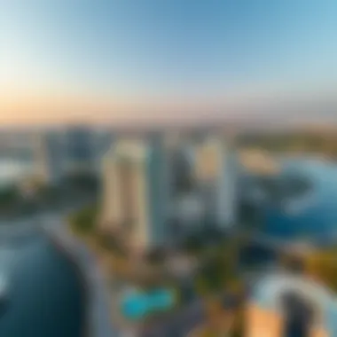 Aerial Perspective of Sobha 330 Riverside Crescent Aerial view of Sobha 330 Riverside Crescent amidst Dubai skyline