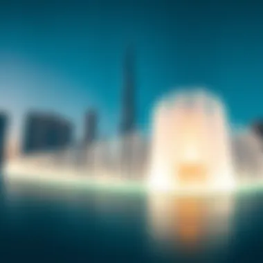 Dubai Fountain and Burj Khalifa A panoramic shot showcasing the Dubai Fountain with Burj Khalifa in the background